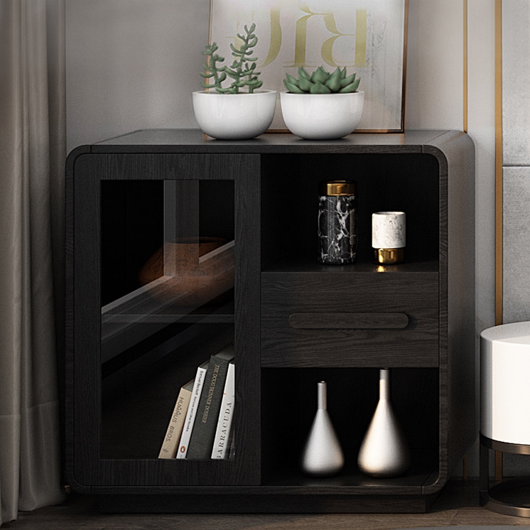 Modern Black Storage Cabinet with Door & Drawer Solid Wood