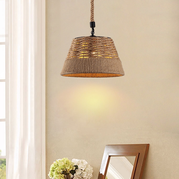 

Rustic Nautical Rope Woven Drum Shaded Pendant Light with Single Light in Black