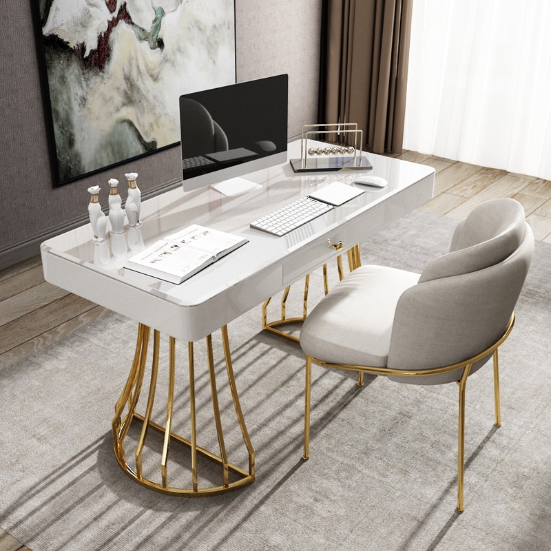 White Office Desk 47" Modern Writing Desk Gold Base Stainless Steel
