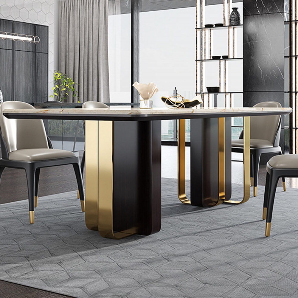 63" Modern Rectangular Dining Table With Marble Top & Stainless Steel Base
