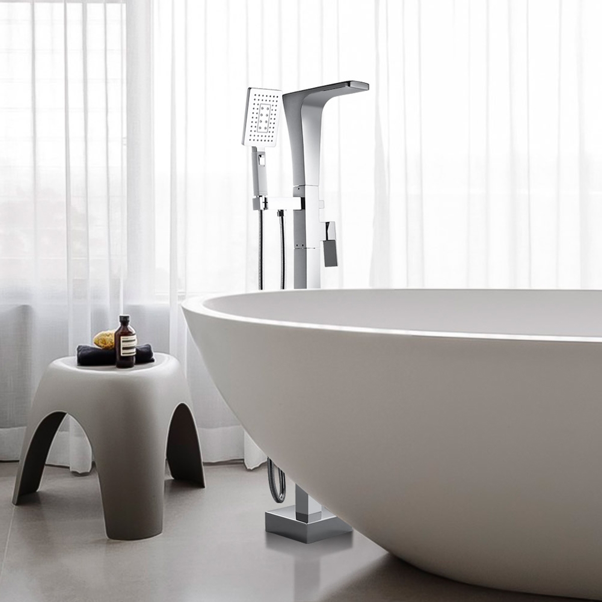 

Modern Floor Mounted Tub Filler with Dual-Function Hand Shower Solid Brass
