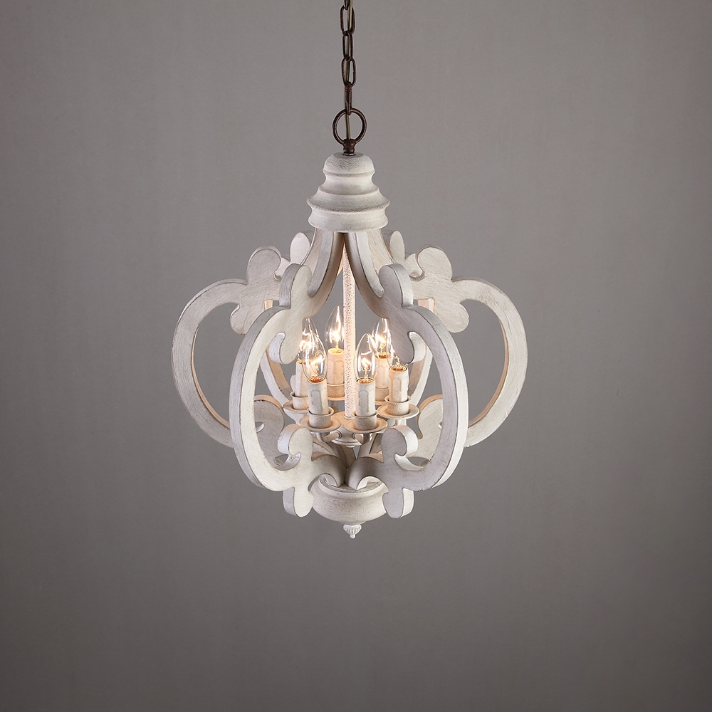 French Country Weathered Wood & Iron 6-Light Candle-Style Chandelier in Distressed White