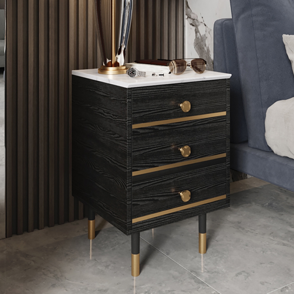 Modern Black Nightstand White Faux Marble Top Bedside Cabinet with 3 Drawers in Gold