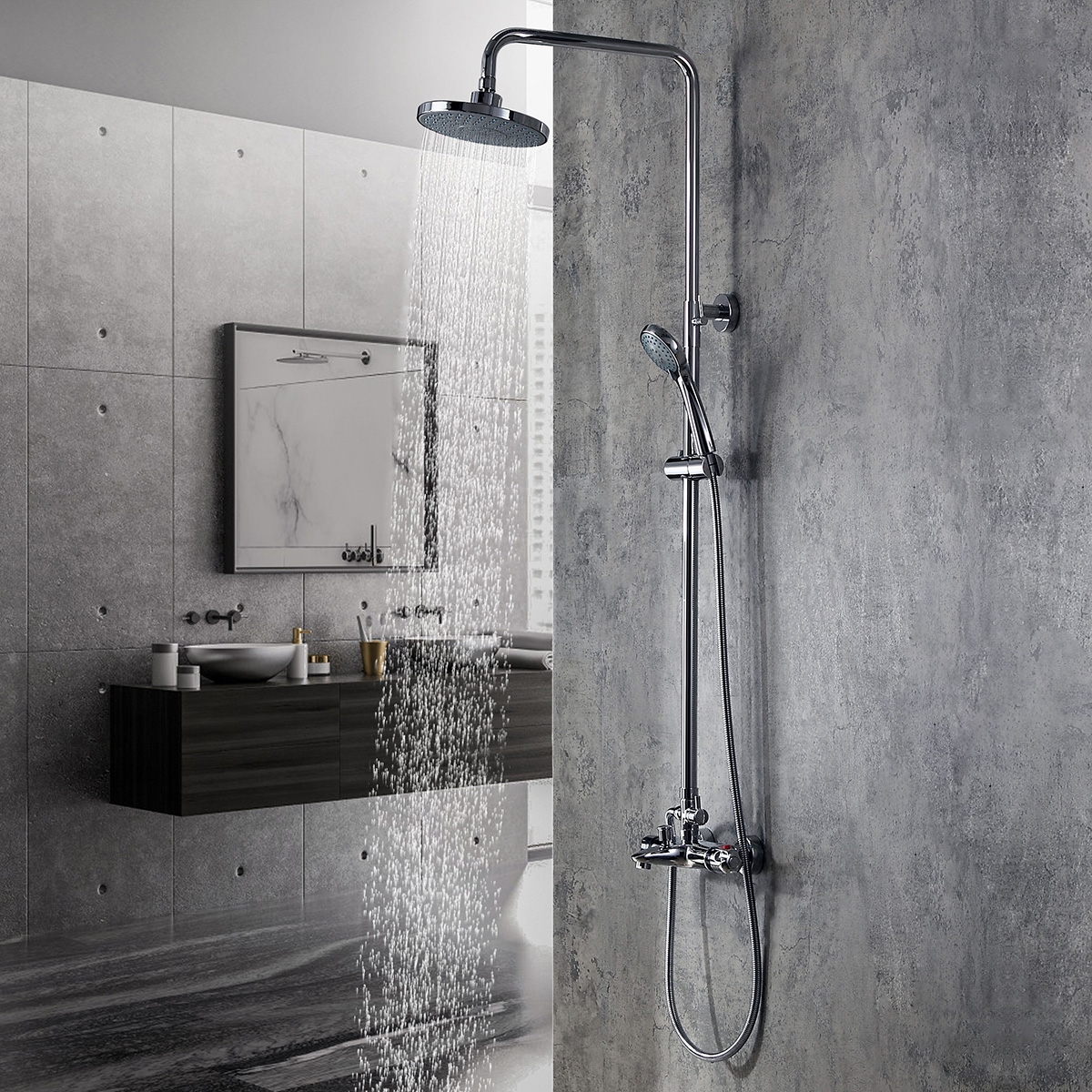 

Modern Exposed Thermostatic Shower System with Handheld Shower Tub Spout Solid Brass