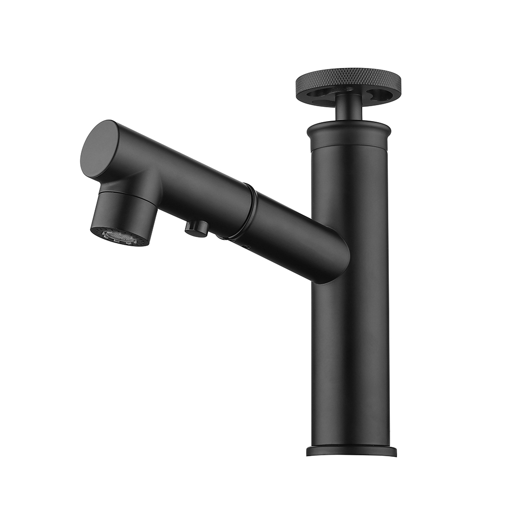 Ruth Industrial Pipe Monobloc Pull Out Bathroom Basin Tap Matte Black 1-Handles Solid Brass