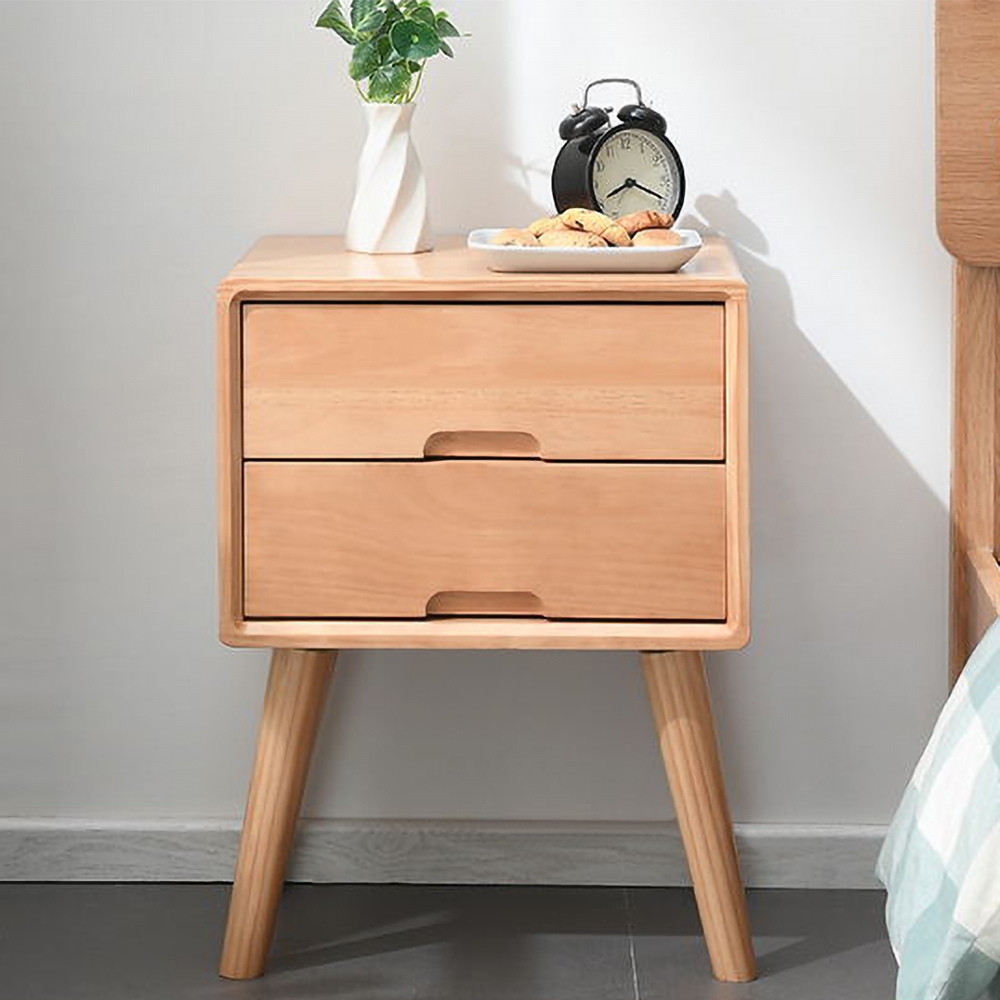 Nordic Wood Nightstand with 2 Drawers Small Bedside Table with Storage, Natrual