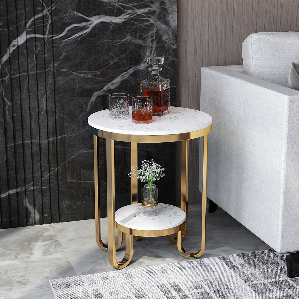 

White Faux Marble Round End Table for Living Room with Storage Shelf Gold Metal