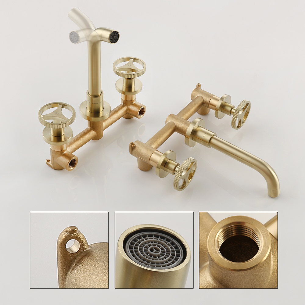 Ave Industrial Wall Mount Bathroom Mixer Tap Brushed Gold 2 Wheel Handles Solid Brass