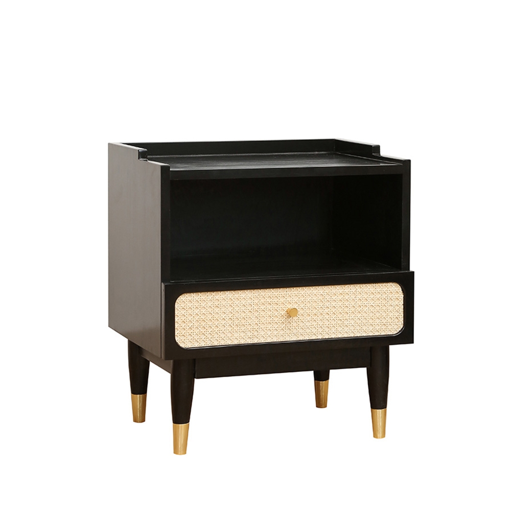 Black Solid Wood Rattan Nightstand with Drawer Open Storage Nordic Simplistic Side Table