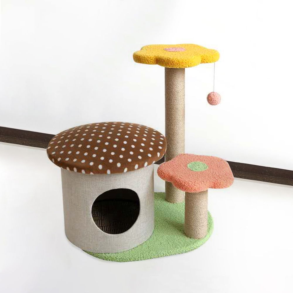 Image of 23.6" Mushroom Cat Tree and Condo Faux Fur Perch and Tower with Teasing Toy