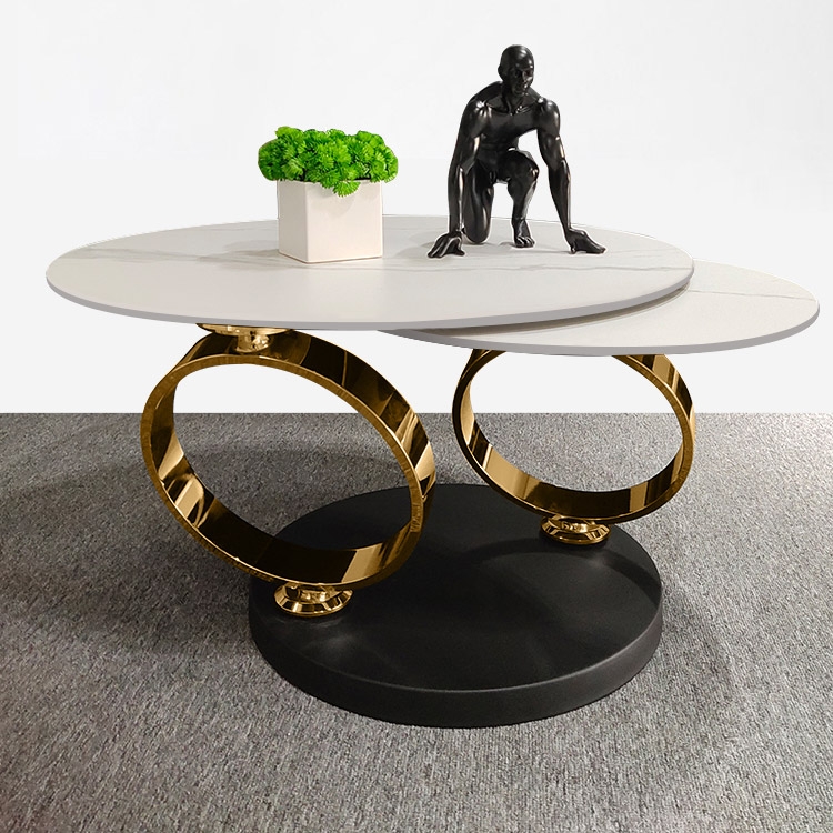 Table basse extensible blanche avec piédestal en métal en forme d'anneau