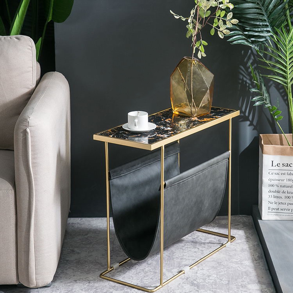

Black Rectangular Faux Marble Side Table with Storage End Table in Gold