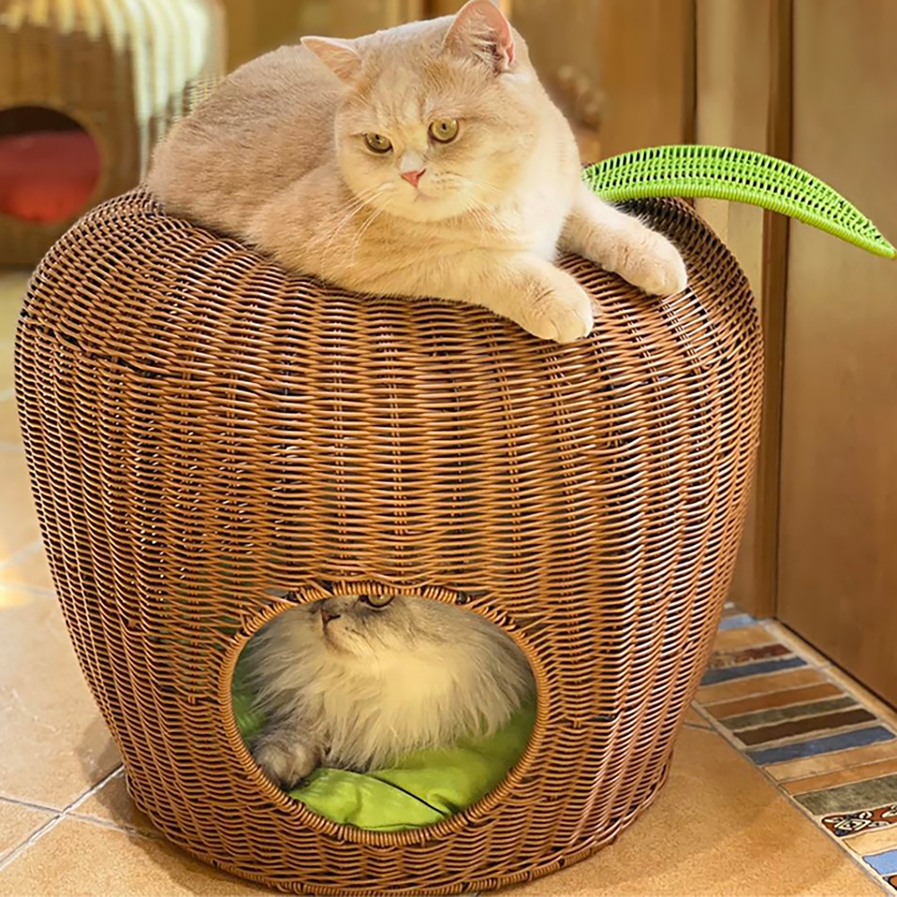 18.1" Rattan Cat Bed Woven Apple-shape Dome Cat Cave In Brown