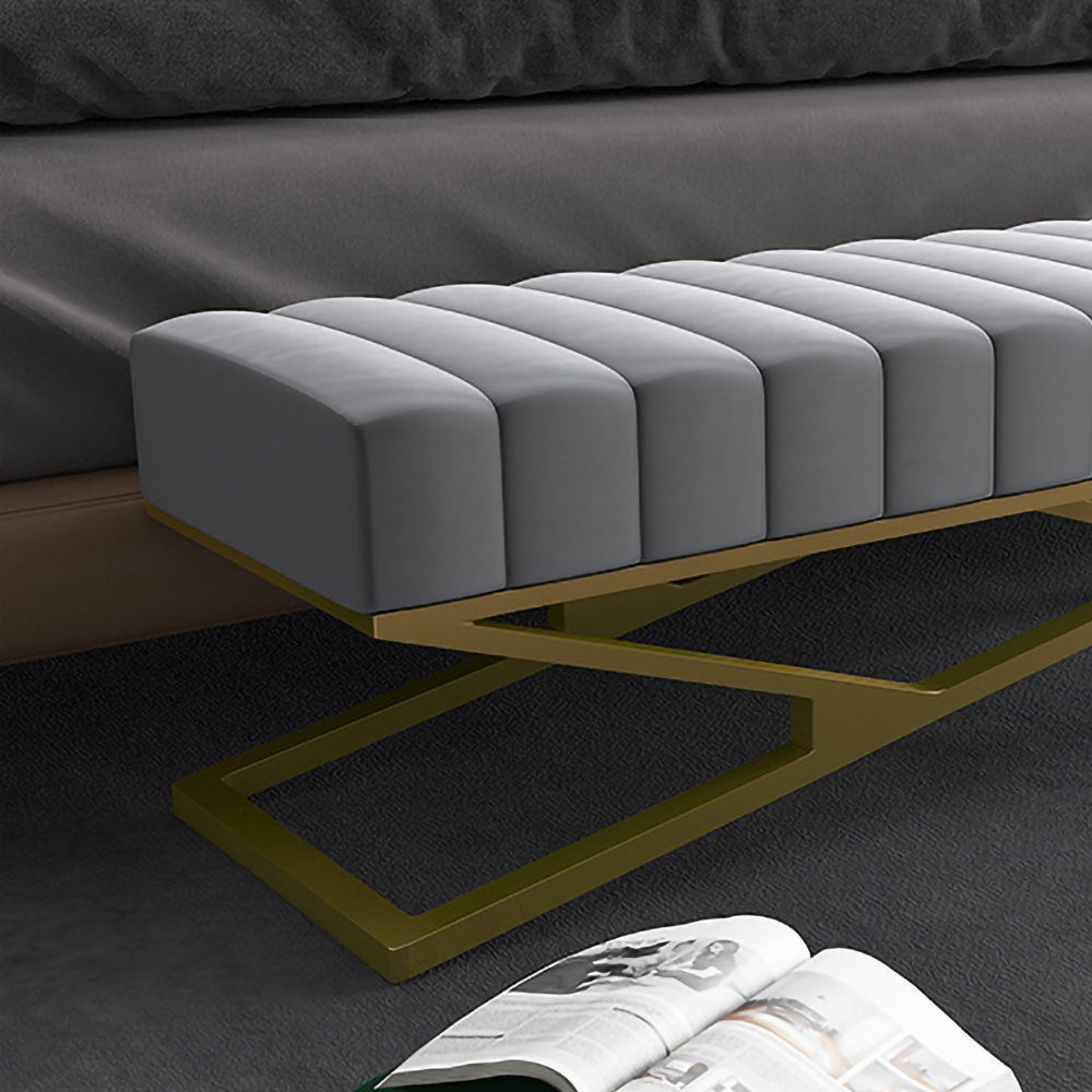 Modern Entryway Bench Grey Velvet Upholstered Ottoman Bench in Gold