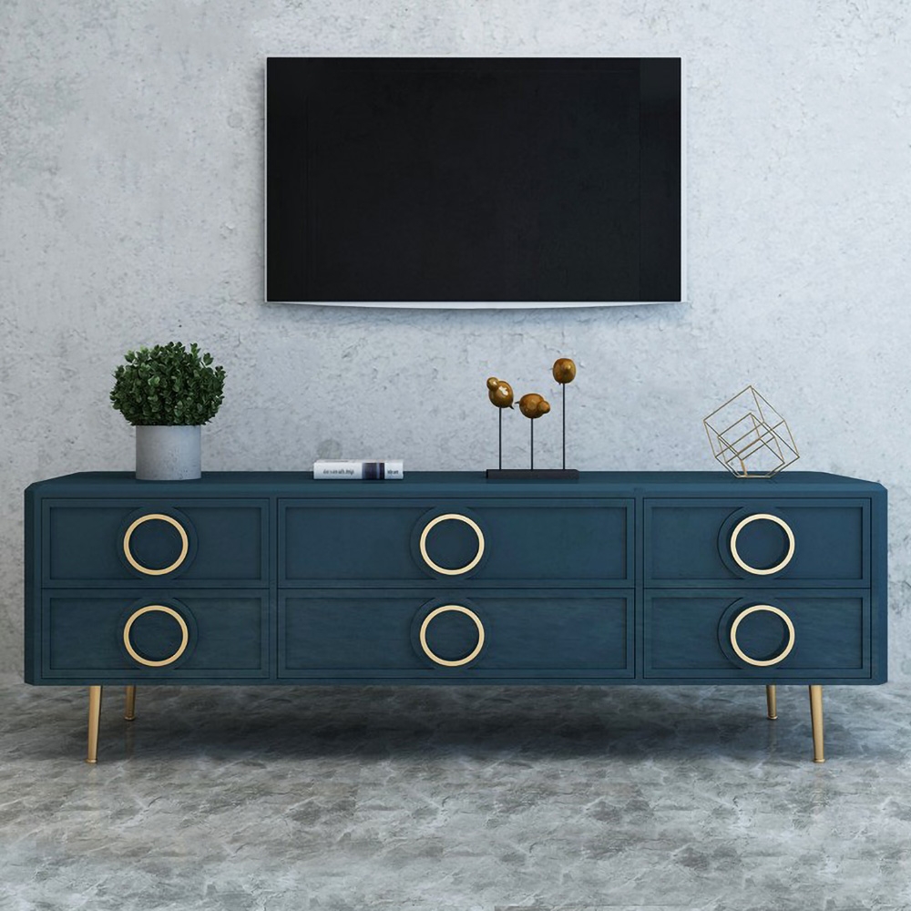 Meuble TV bleu marine avec tiroirs de rangement pour téléviseurs avec accents dorés au milieu du siècle