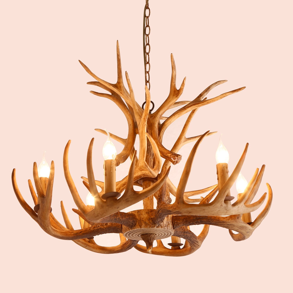Cottage Style Faux Deer Antler Resin Branch 6-Light Chandelier with 2-Tier Decorative Antlers