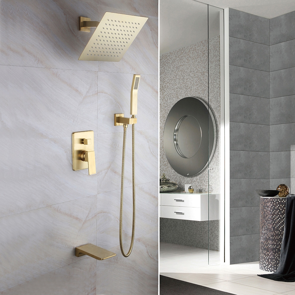 Solid Brass Wall Mount Rainshower Hand Shower & Bath Spout Shower Mixer in Brushed Gold