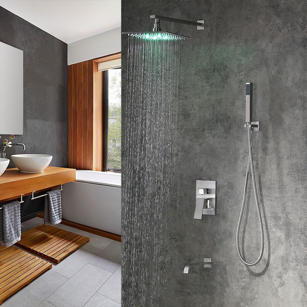 thumbnail image 2 of Homekicen 12″ Brushed Nickel LED Shower Combo – Thermostatic Massage System With Hand Shower 2 of 6