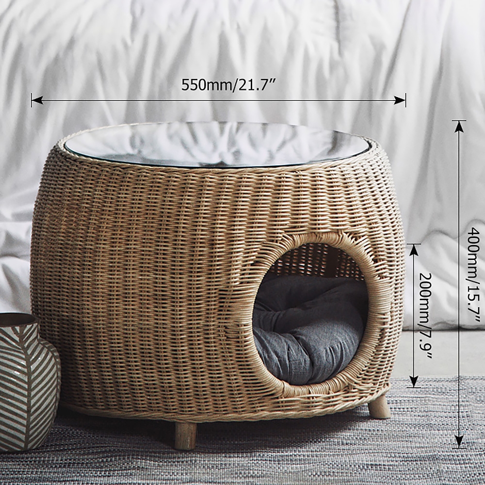 550mm Beige Rattan End Table Cat Bed Round Clear Tempered Glass Table Top
