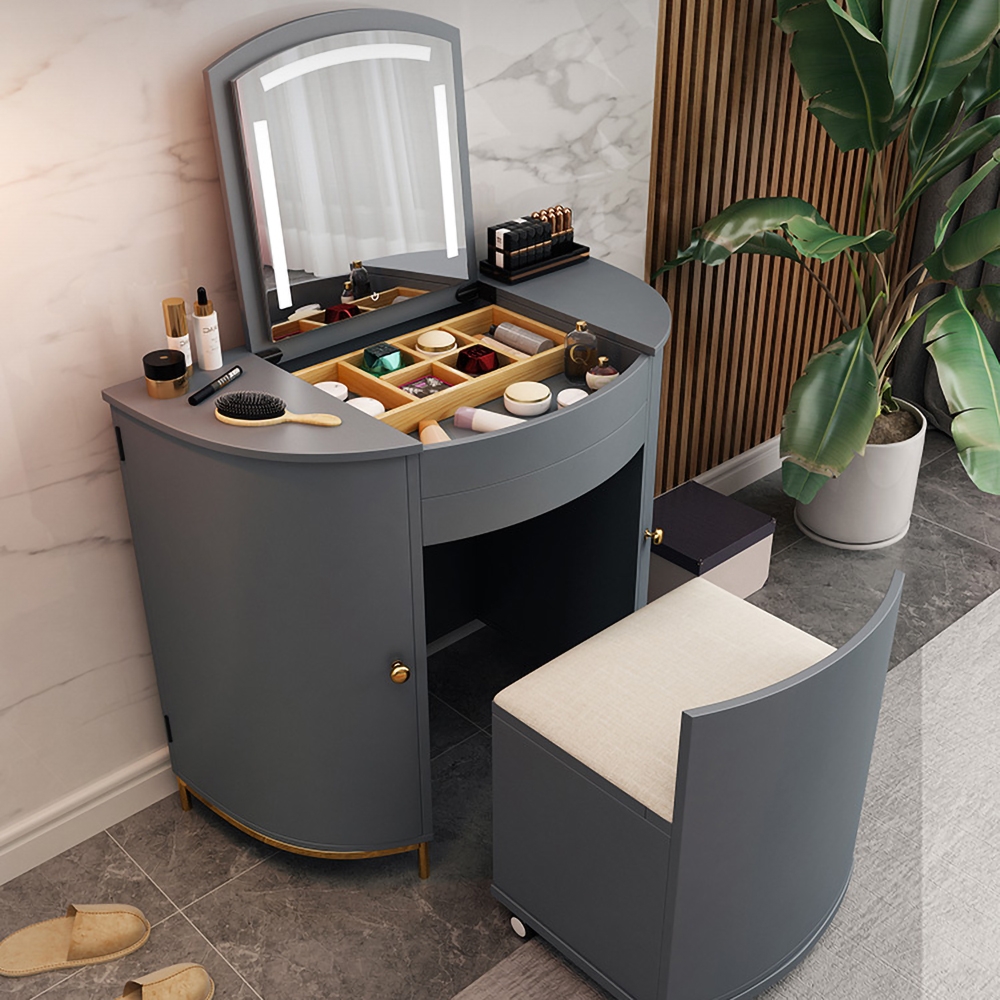 

Modern Gray Lighting Makeup Vanity Table with Flip Top Mirror & 2-Door Stool Included