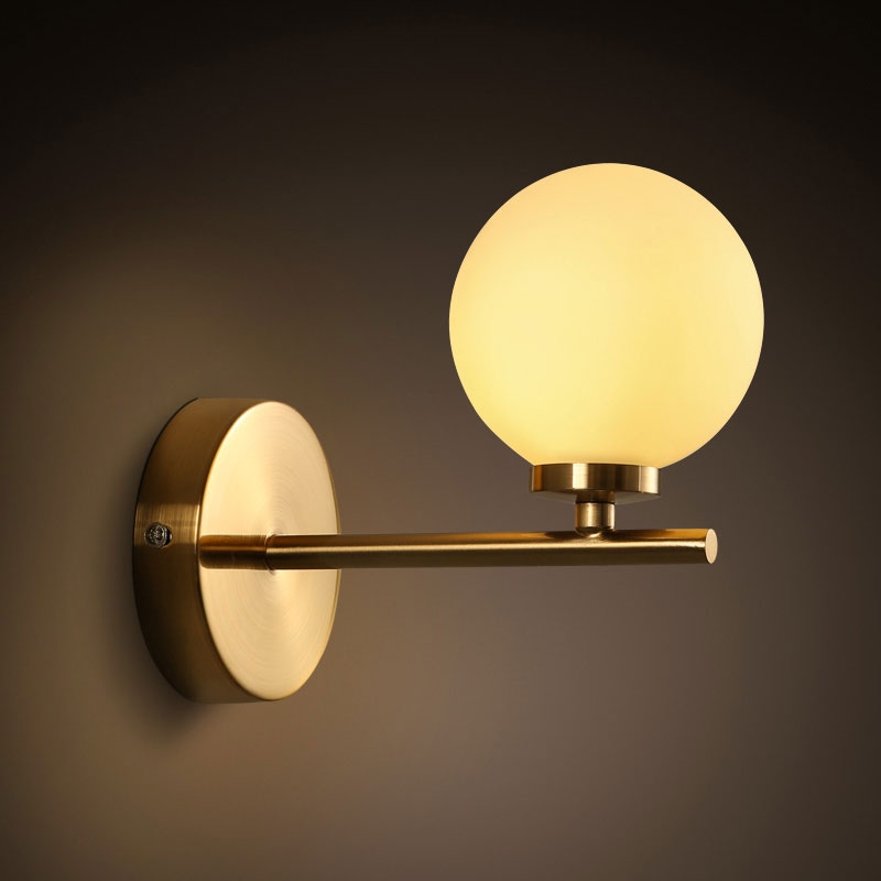 Contemporary Minimalist Milky White Globe Glass Shade Wall Sconce Vanity Light 1-Light in Gold
