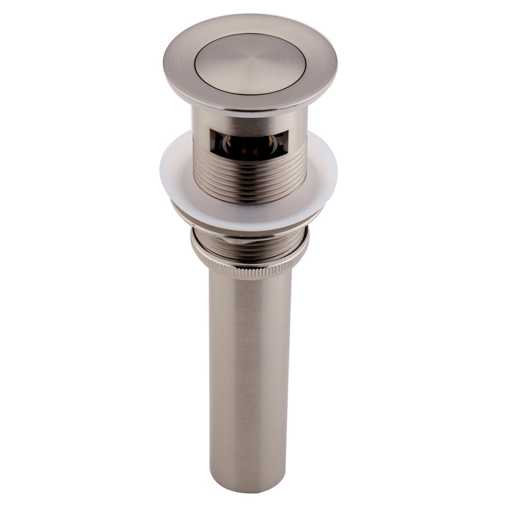 Image of Brushed Nickel Press-Style Pop Up Sink Drain Assembly with Overflow Solid Brass