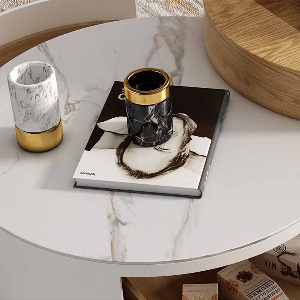 Moderner runder Couchtisch mit Ablage Lift-Top Couchtisch aus Holz und Stein mit 2 Schubladen