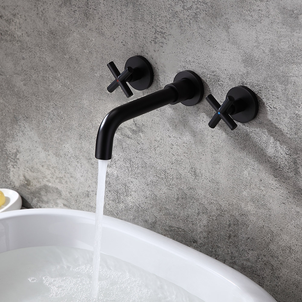 Melro Modern Wall-Mount Cross Handles Brass Bathroom Hand Wash Basin Mixer Tap in Matte Black