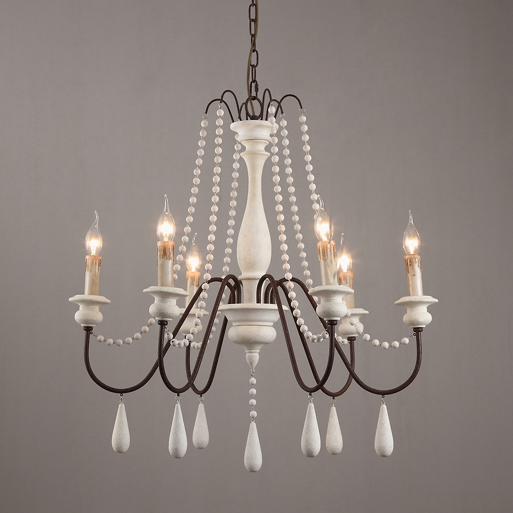 Lámpara de araña de madera estilo vela de estilo francés, 6 luces, color blanco