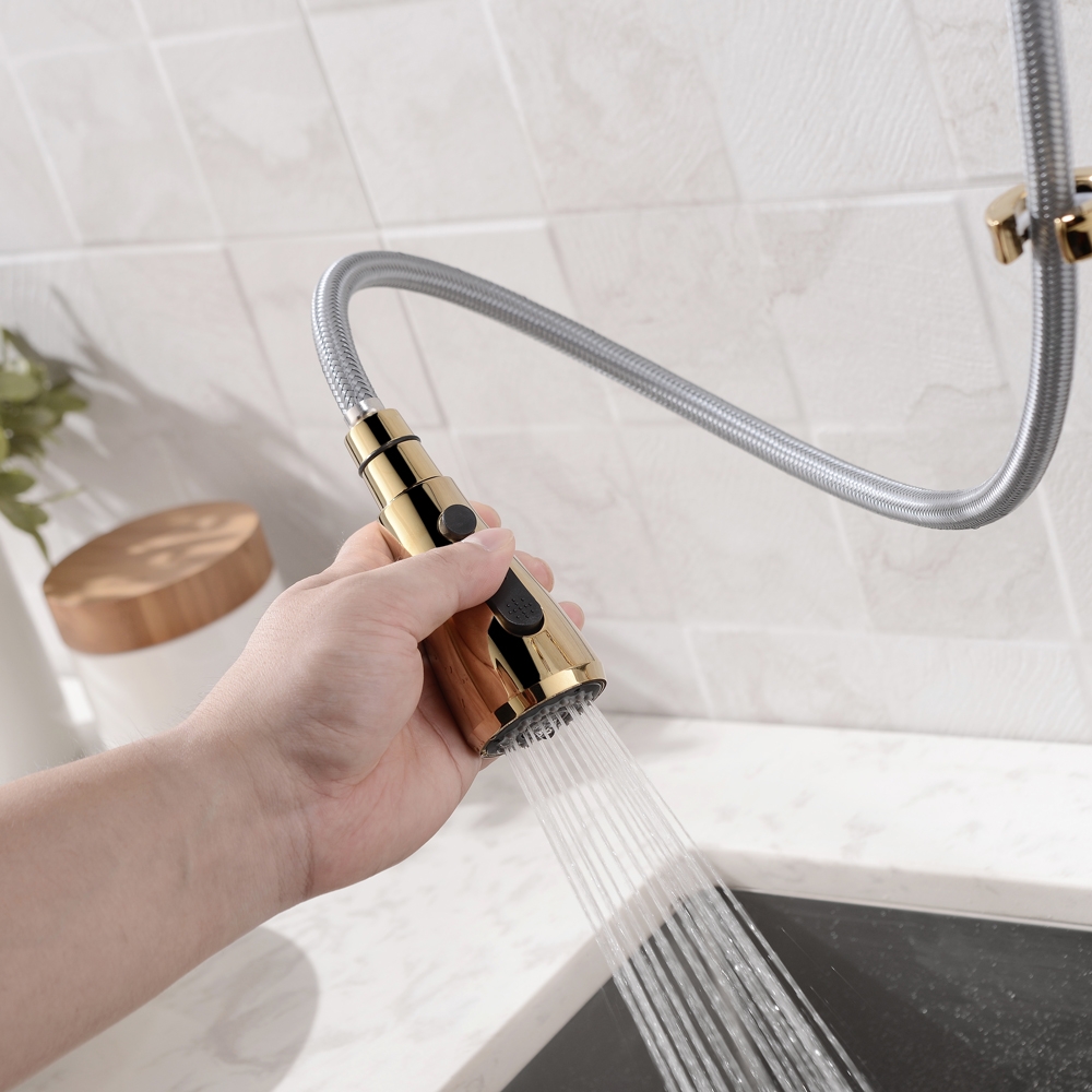 Modern Goose Necked Single Handle Pull Out Kitchen Faucet Brass with 3-Function Sprayer