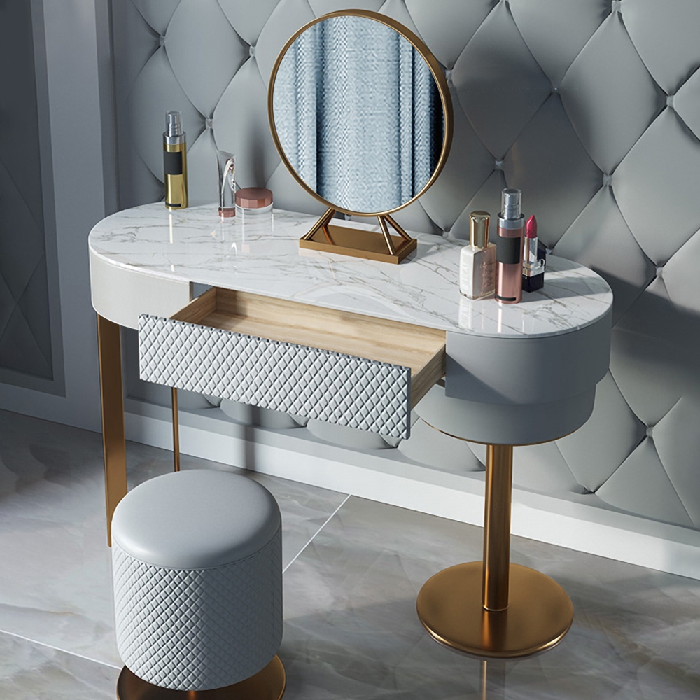 Grey Modern Makeup Vanity Set with Drawer Mirror & Leather Stool Included