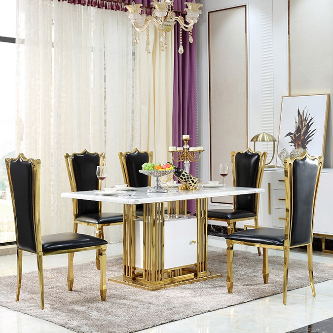 

White Faux Marble Dining Table with Storage Rectangular Stainless Steel in Gold