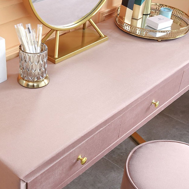 Pink Velvet Upholstered Makeup Vanity Table with Mirror Dressing Table with Stool Small