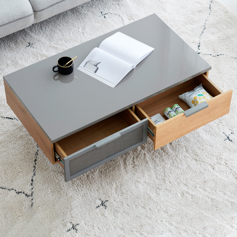 Modern Gray Coffee Table Rectangular Accent Table with 2Drawer Metal Base