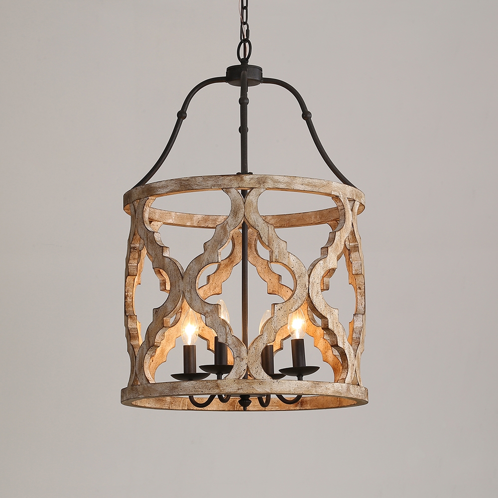 Vintage Distressed Carved Wood 4-Light Lantern Farmhouse Chandelier in Rust