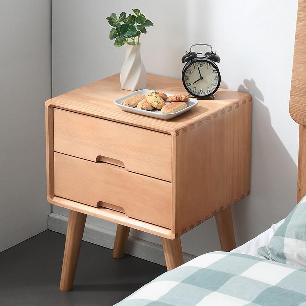 Nordic Wood Nightstand with 2 Drawers Small Bedside Table with Storage, Natrual