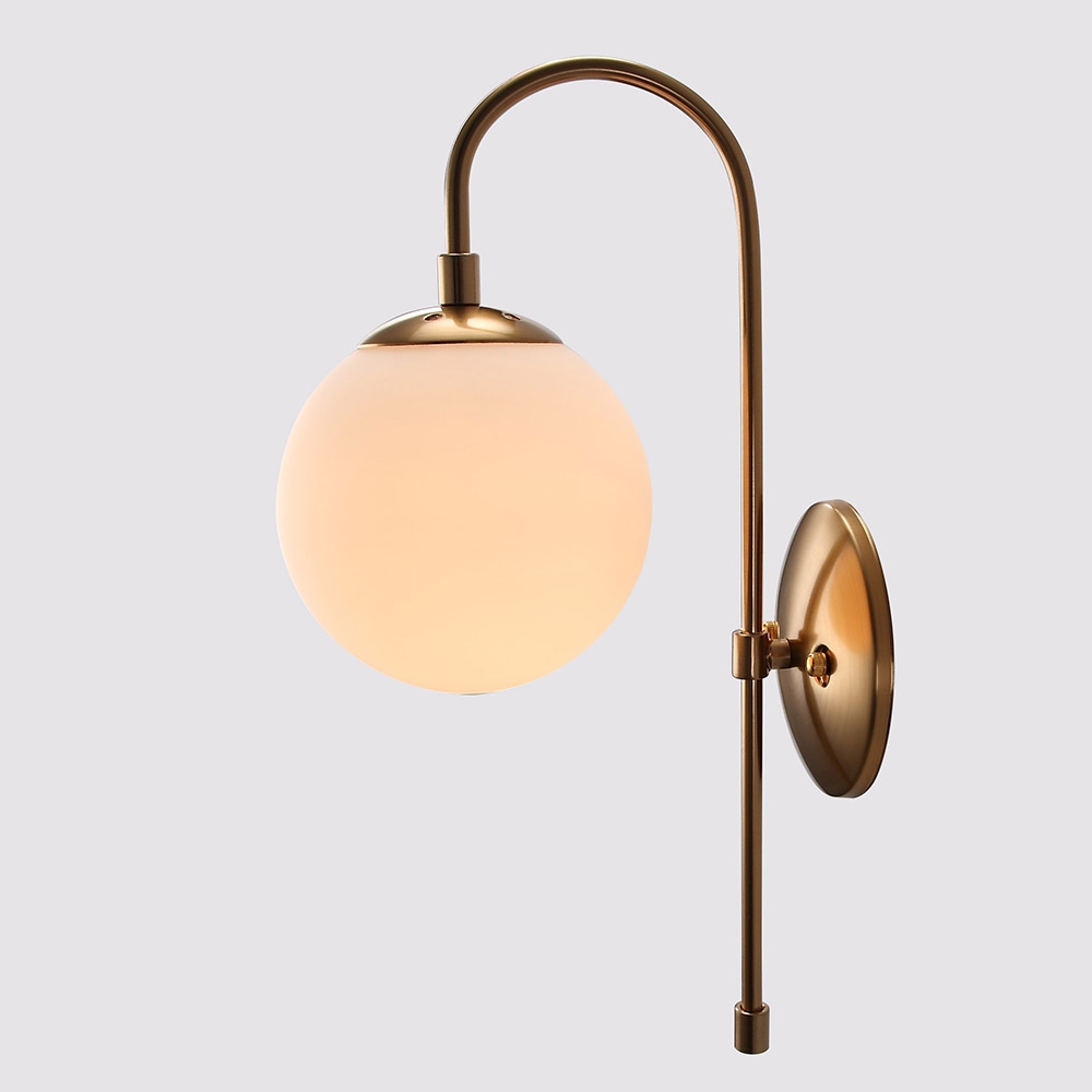 Minimalist Metal Curved Arm Aged Brass Single-Light Indoor Sconce with Round Backplate
