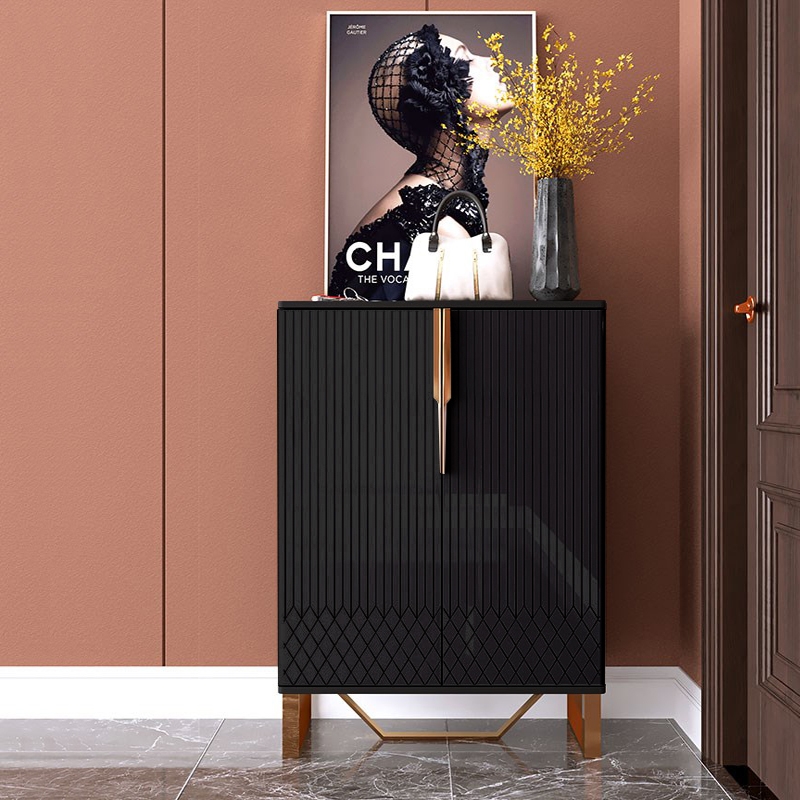 Aro Contemporary Black Chest 2 Doors & Shelf Accent Cabinet with Stainless Steel in Gold