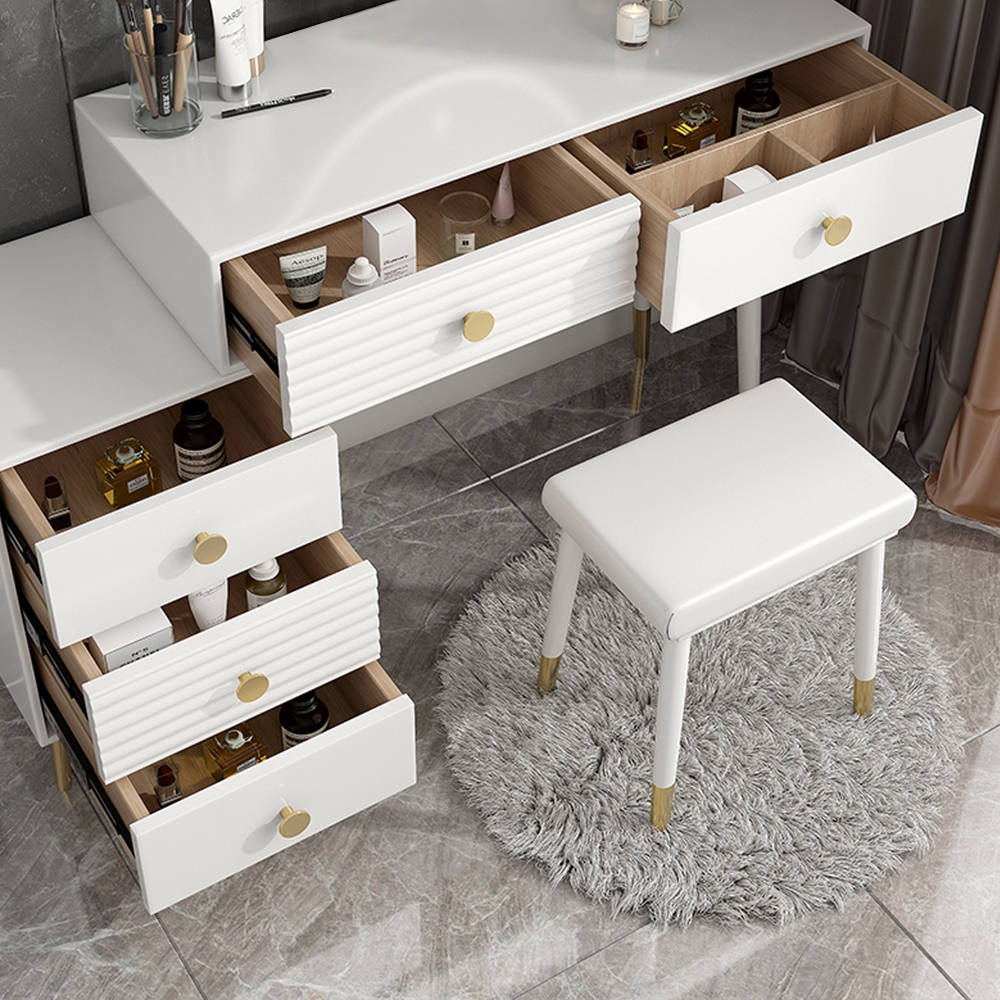 Modern Makeup Vanity Desk Vanity Set with Mirror & Stool Dresser Table with 5 Drawers