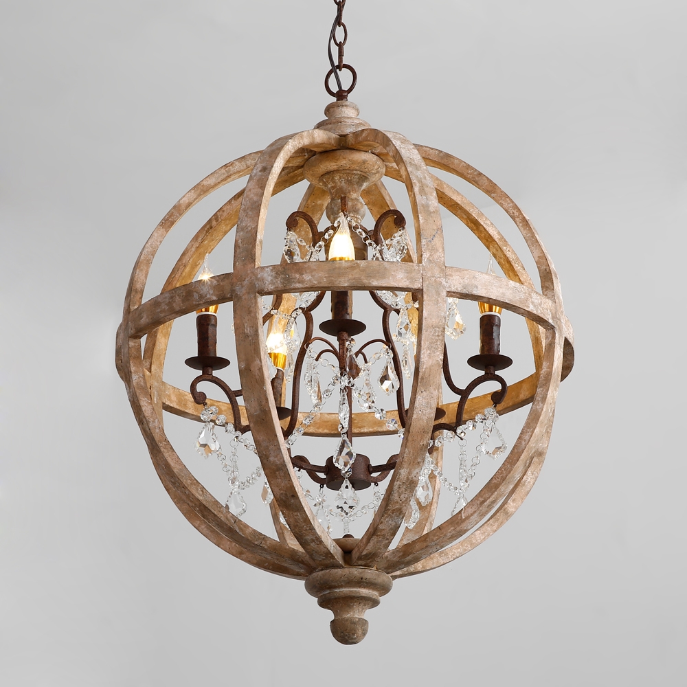 Retro Rustic Weathered Wooden Globe Caged Rust Metal Scroll Crystal 5-Light Chandelier
