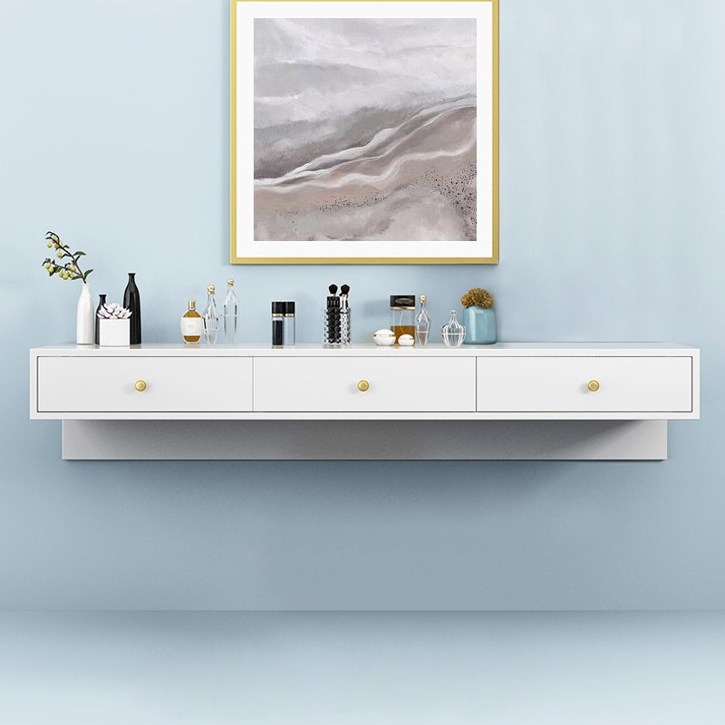 Modern White Floating Desk with Drawers Wall Mounted Desk in Pine Wood Frame