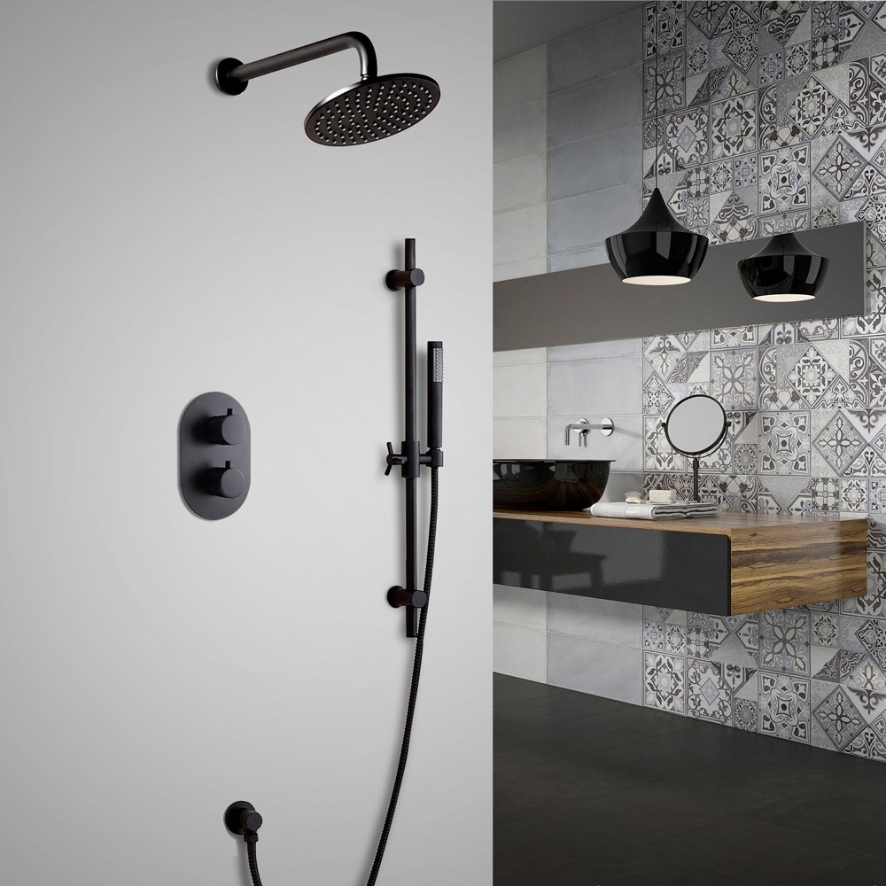 

Modern Thermostatic 8 Inches Solid Brass Wall Mount Round Rainfall Shower and Slide Handheld Shower Set in Black Finish