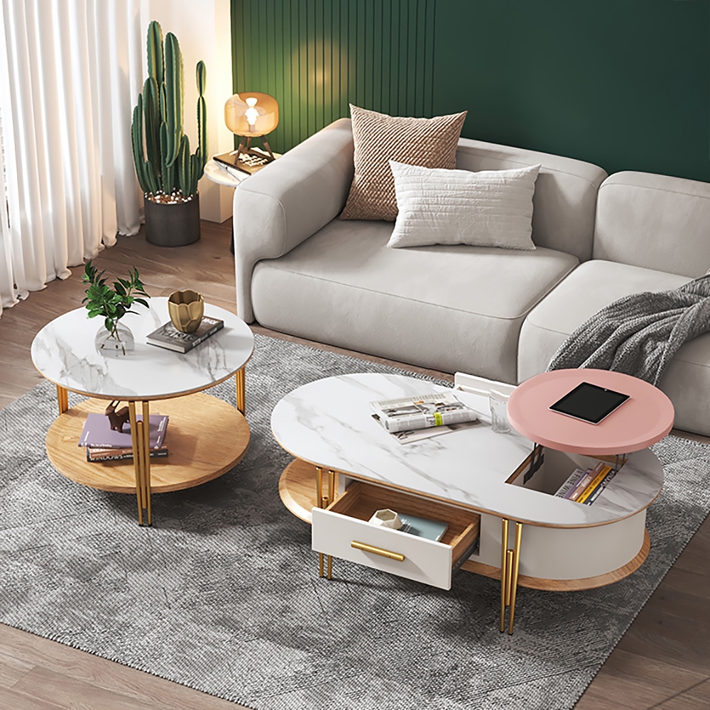 

Round & Oval Lift-Top Coffee Table with Storage of 2-Drawer in White & Pink