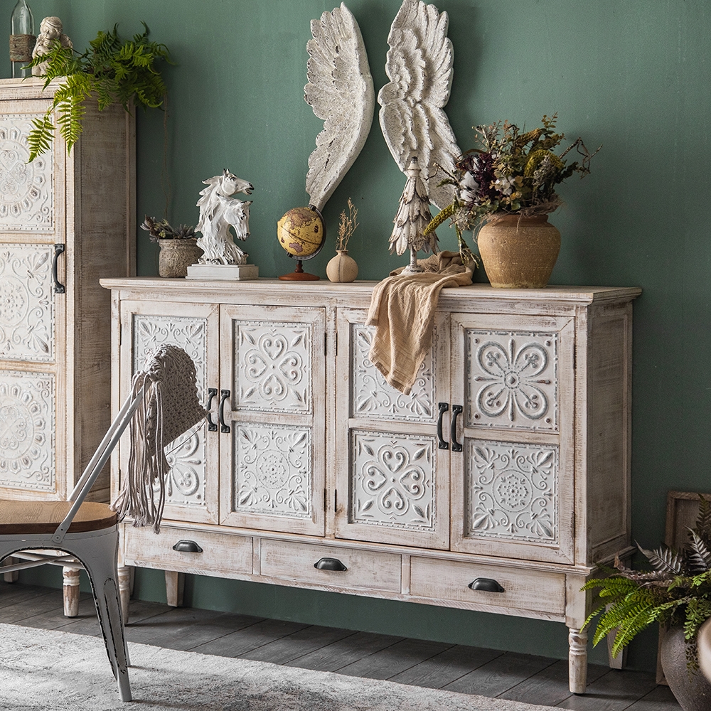 59" Farmhouse Distressed White Sideboard Buffet Artistic Surface with 4 Doors 3 Drawers 2 Shelves