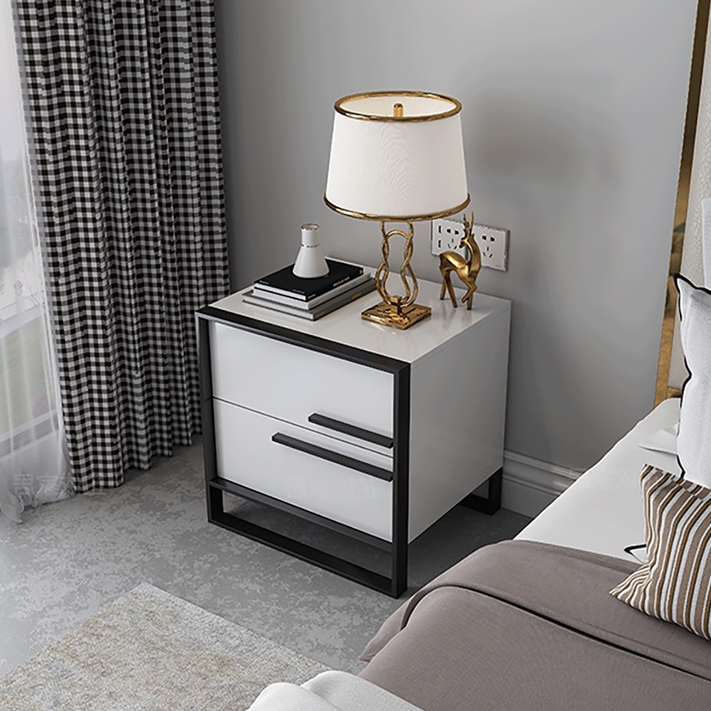 Modern Minimalist Black & White Square Bedside Table with 2 Drawers