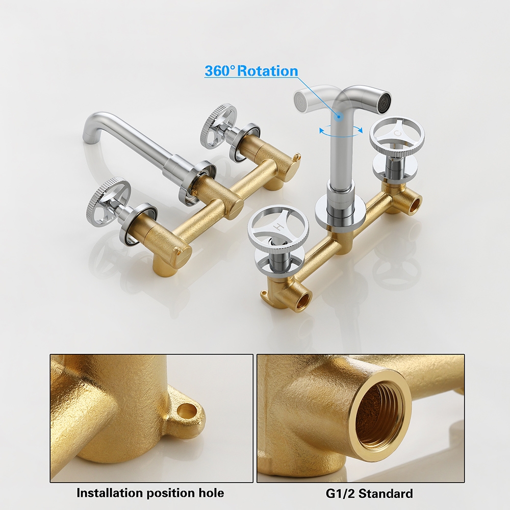 Ave Industrial Wall Mount Bathroom Mixer Tap 2 Wheel Handles Solid ...