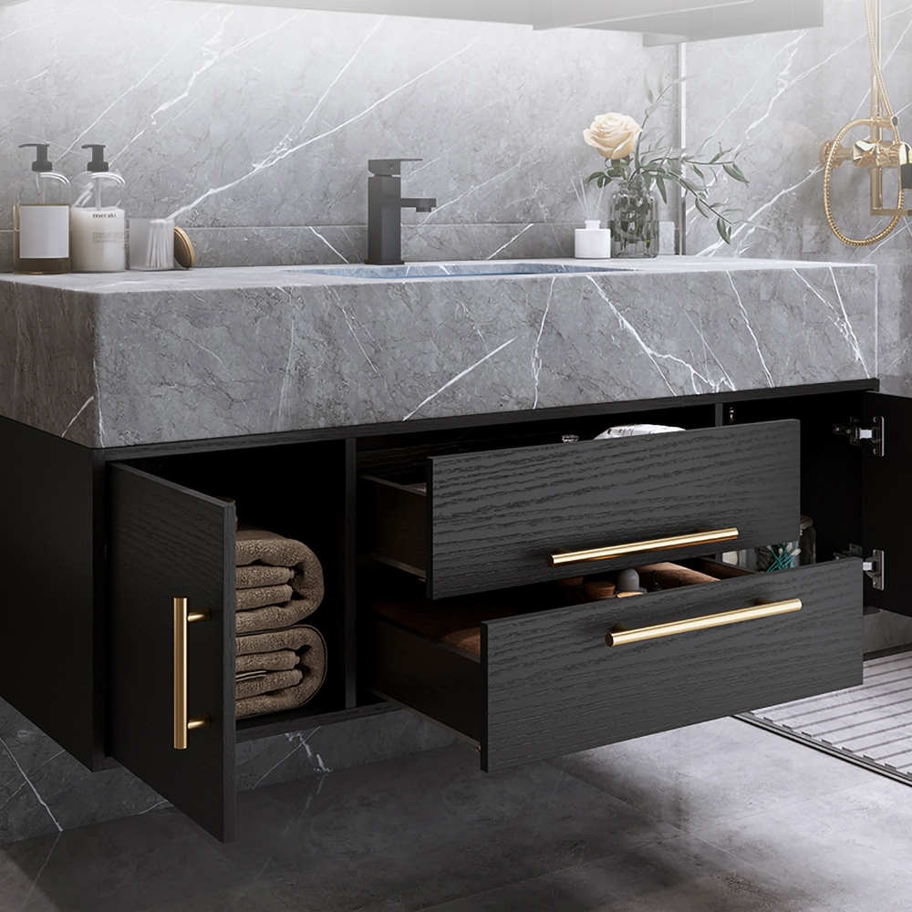 Modern 1000mm Floating Black Bathroom Vanity Stone Top Wall Mounted Bathroom Cabinet