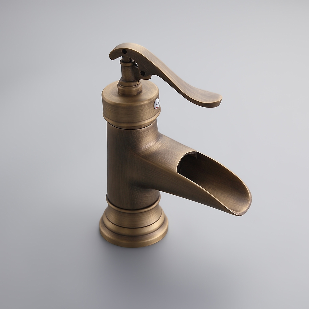 Monobloc Single Lever Handle Waterfall Bathroom Basin Mixer in Antique Brass