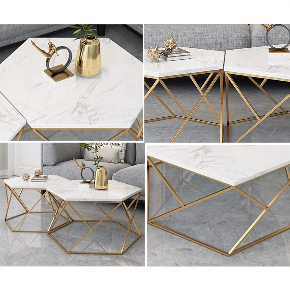 White Hexagon Coffee Table Set with Marble Top Metal Frame 2Piece