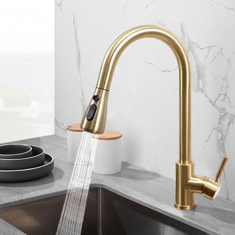 

Pull Out Kitchen Faucet Brushed Gold with Double Function Sprayer